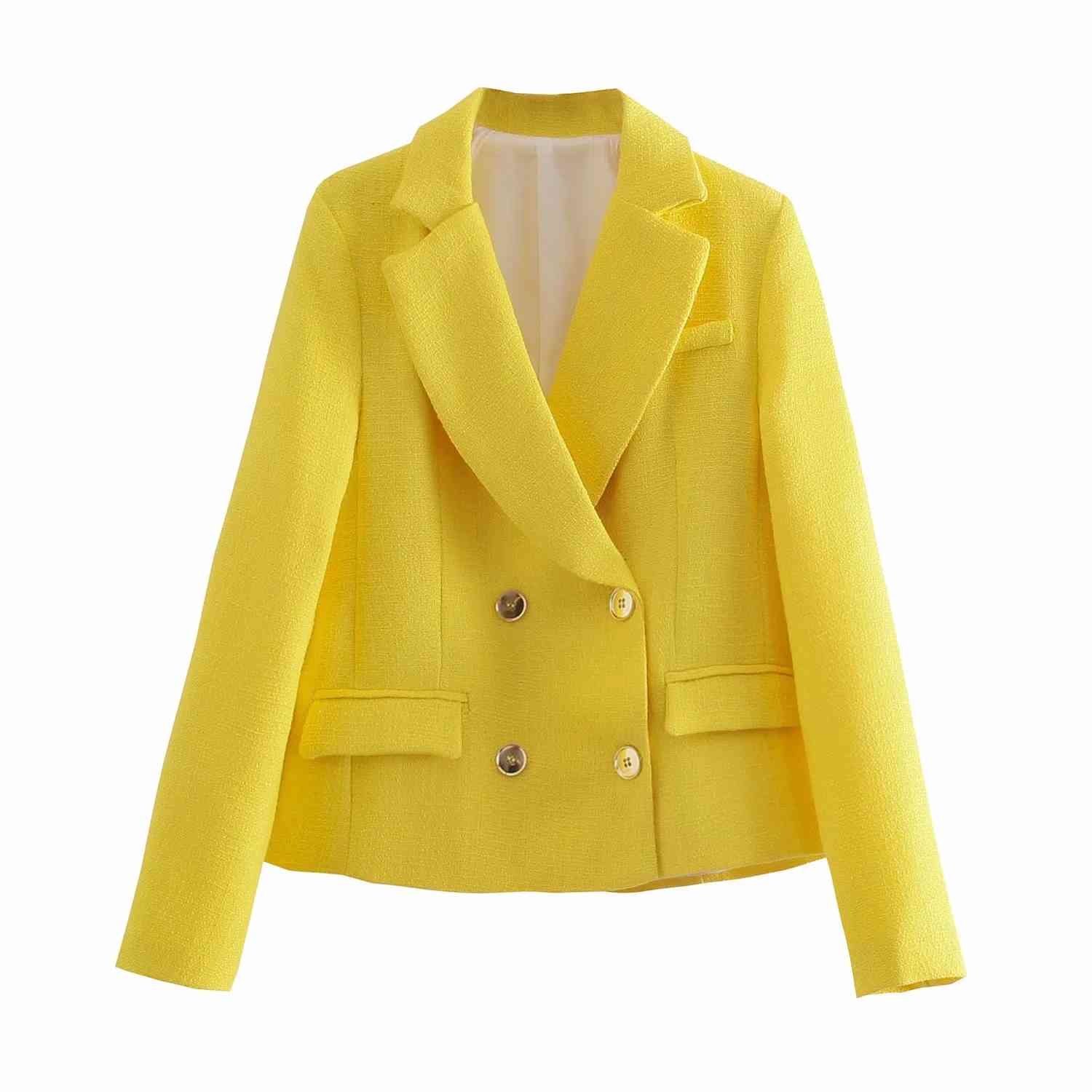 Fashion Women Yellow Tweed Blazer Jacket Spring Double Breasted Female Autumn Coat Chic Pockets Office Lady Elegant Top 210521