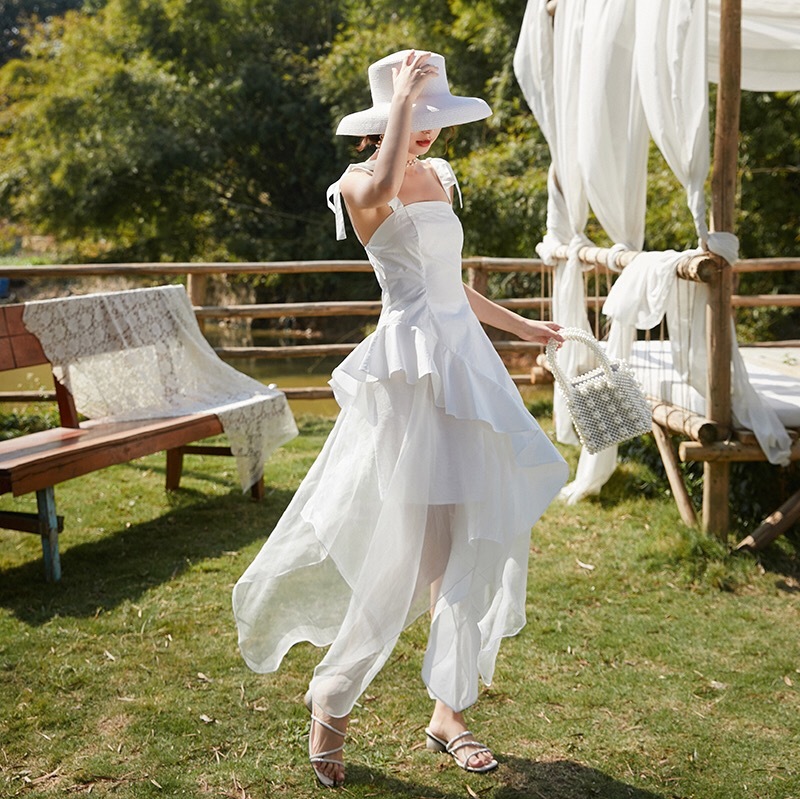 white patchwork mesh summer dress spaghetti strap lace up holidday elegant asymmetrical Romatic French 210421