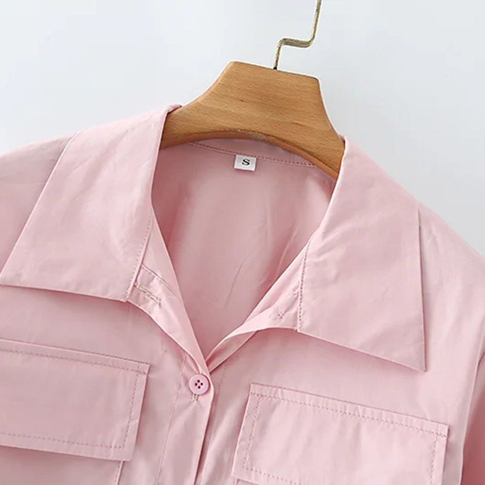 Women Fashion Pink Elegant Pockets Oversized Blouses Vintage Lapel Collar Long Cuffed Sleeves Female Shirts Chic Tops 210520