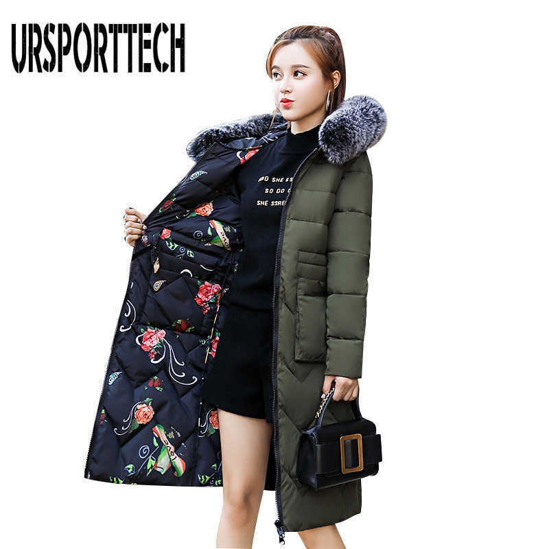URSPORTTECH Arrival Winter Jacket Women Parka With Fur Hooded Thick Warm Long Padded Coat Female Outwear Print Parkas 210528