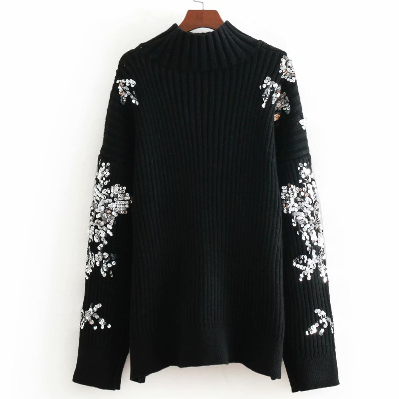 Vintage Woman Loose Sequins Heavy Craft Sweater Fashion Ladies Autumn Shine Knitwear Female Chic Warm Oversized Tops 210515