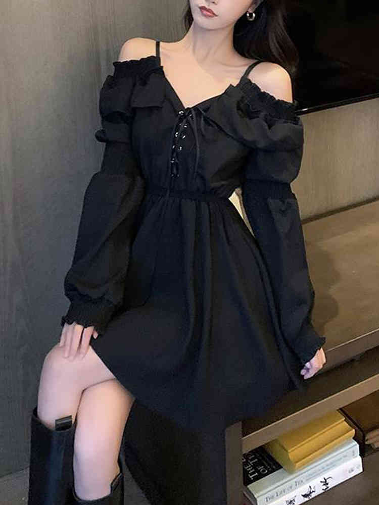 Gothic Black Dress Women Casual Button Lace Evening Party Sexy Mini Dress Female Long Sleeve Dress Korean Autumn 210521