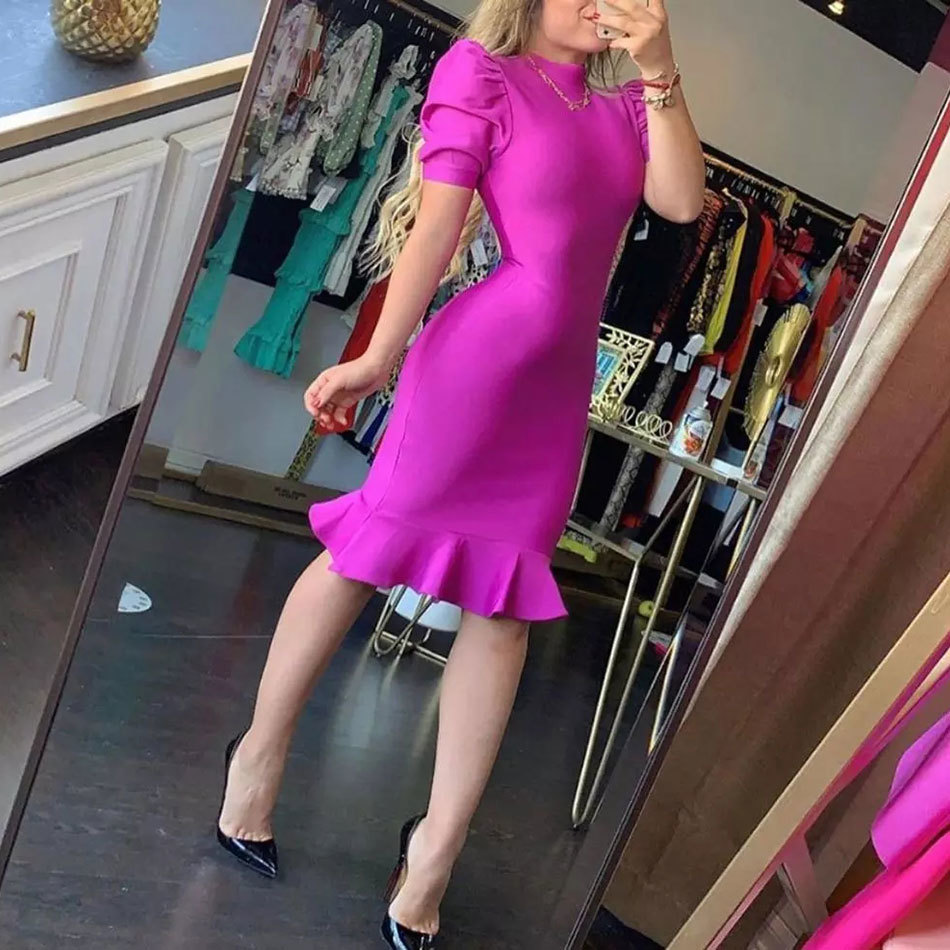 Free High Quality Black Purple Short Sleeve Ruffles Rayon Bandage Dresses Elegant Club Party Vestidos 210524