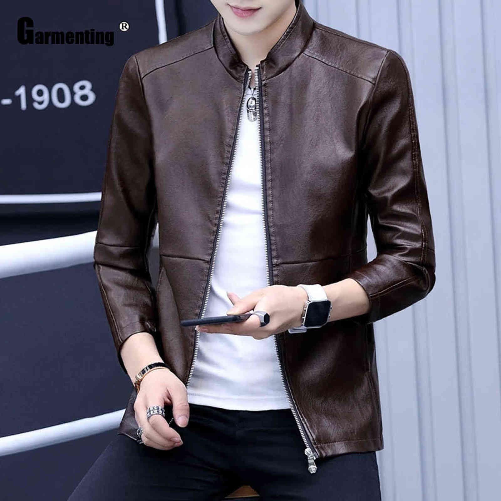 Garmenting Men Trendy Zippers Tops Faux Pu Leather Jackets Kpop Young Mens Blue Coffee Outerwear Slim Fitted Male Clothing 211111