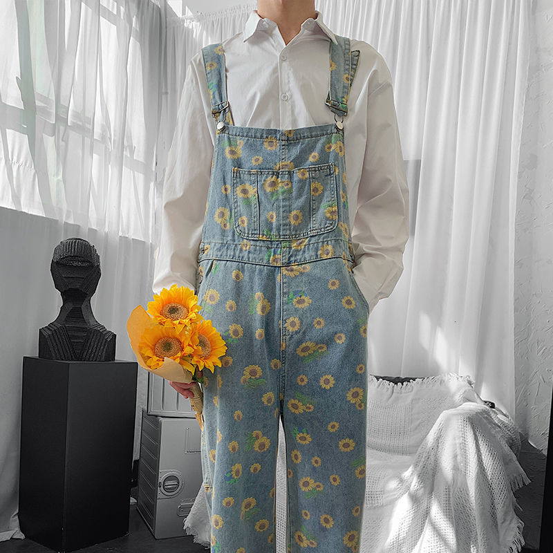 IEFB Little Daisy Printed Overalls Denim Trousers For Men And Women Loose Casual Jeans Jumpsuit Vintage Streetwear 210524