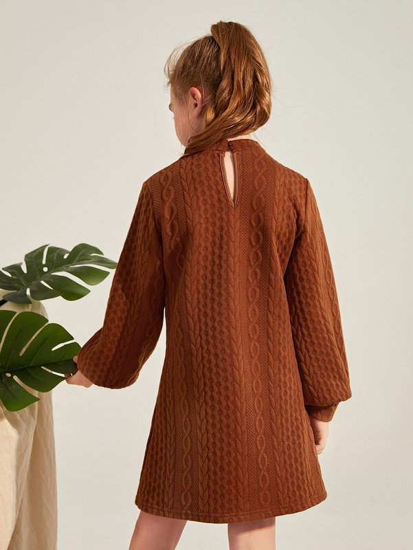 Girls Cable Knit Mock Neck Lantern Sleeve Dress Without Belt SHE