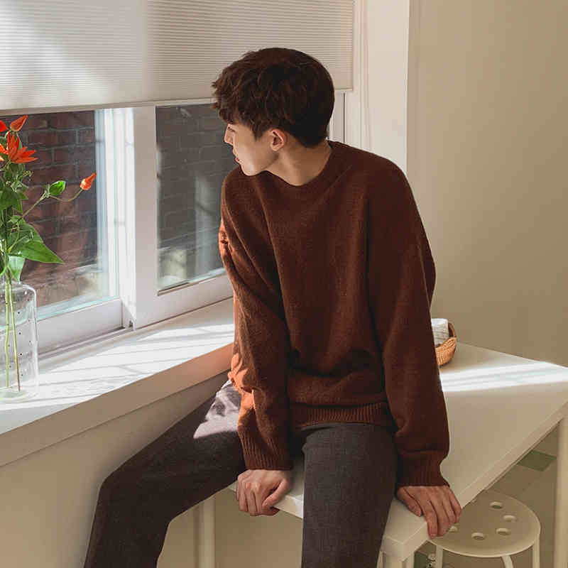 IEFB /men's wear thickened warm sweater autumn winter Korean loose fashion round collar all-match vintage kintted tops male 3245 210524