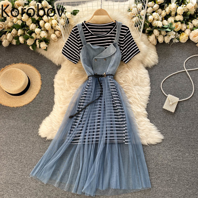 Preppy Style Suit Two Piece Set Women Striped Long Tshirt Sling Gauze Dress Femme Roupas Chic Sweet 2 210519