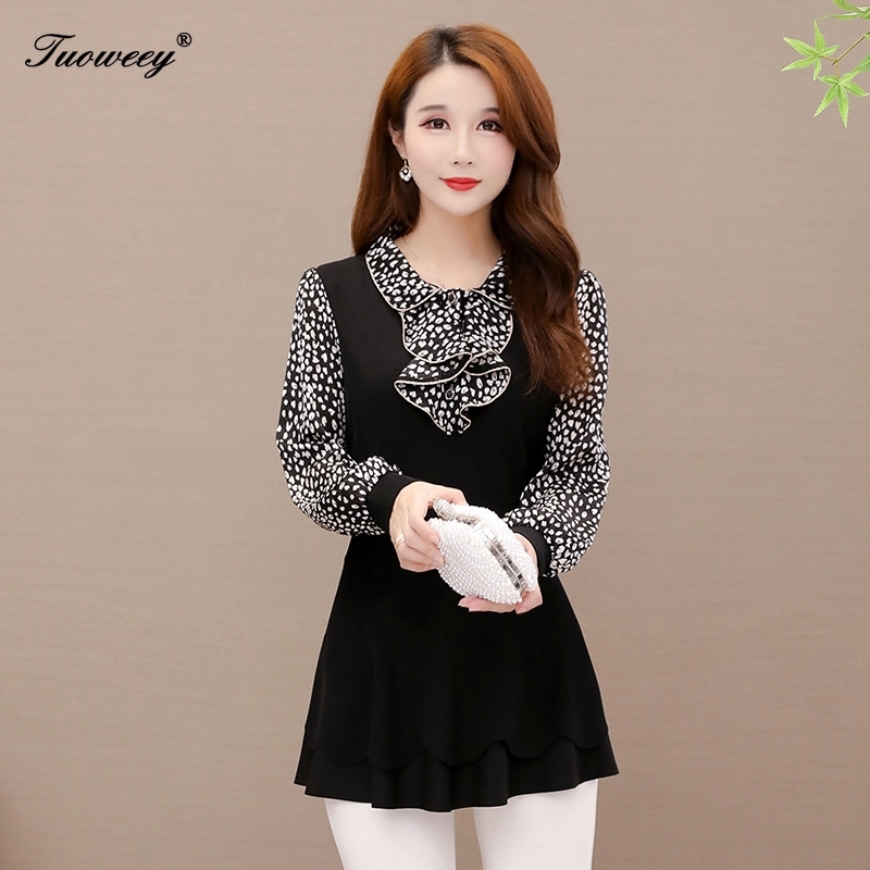 Spring polka dot Women's bow tie elegant plus size Mesh Blouse Women Tops Long Sleeve loose Shining 5XL Shirt Fashion 210317