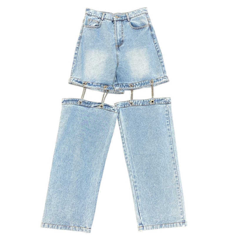 DEAT Women Chain Stitching Hollow Split Fork Cool Handsome Street Detachable Pants Fashion Spring Summer 11D1757 210709