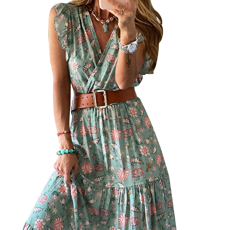 Women Dress Ruffles V-neck Sleeveless Bohemian Dresses For Plus Size Sexy Long Beach Fashion 210524