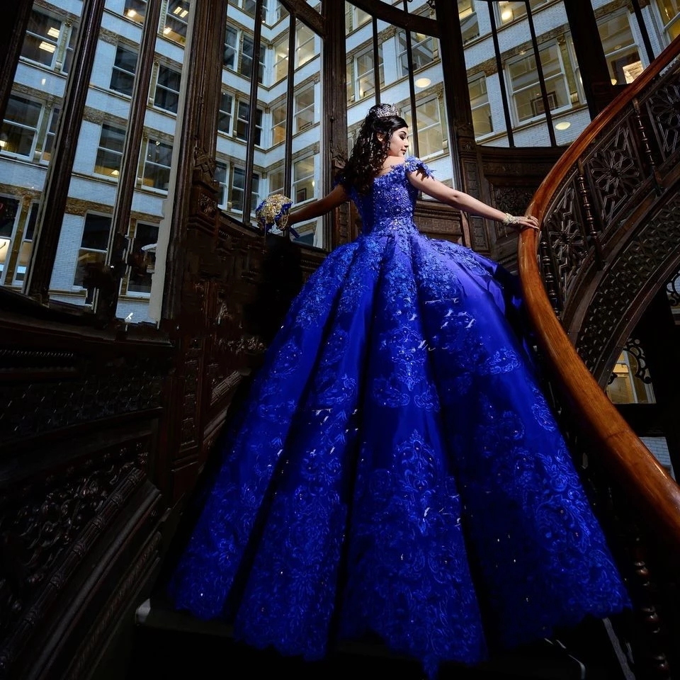 Modest Royal Blue Quinceanera Crystal Beaded Lace Applique Vestidos Para XV Aos Sweet Dress Robe De Soire