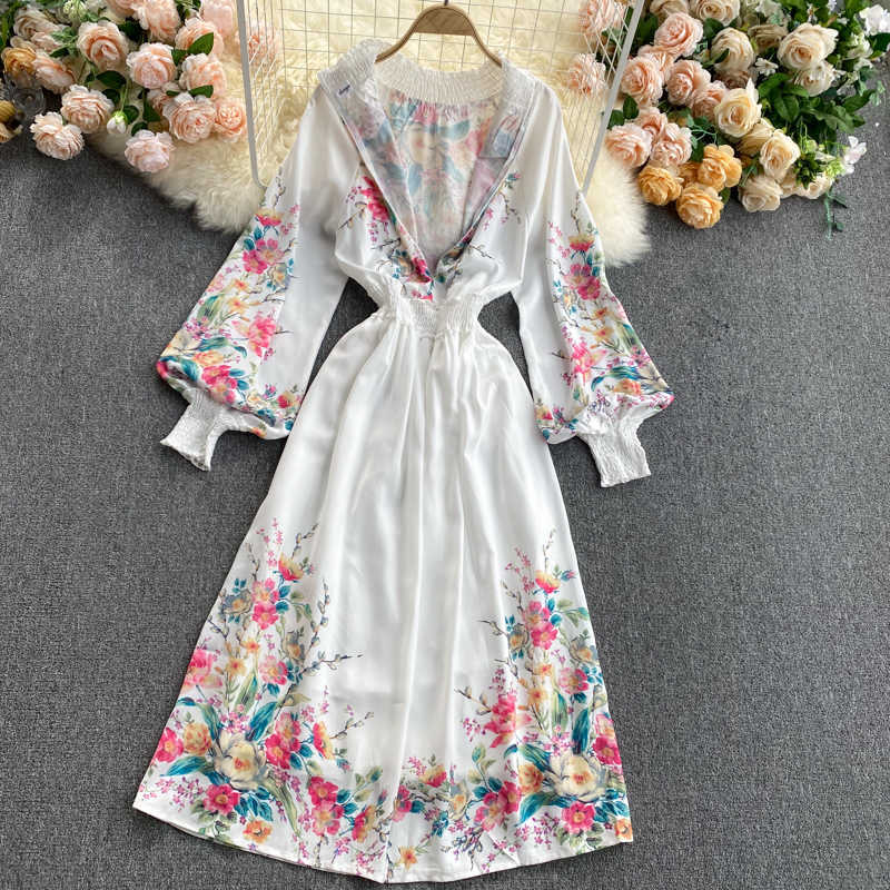 DEAT Spring Arrivals Print Round Collar Puff Sleeve High Waist Loose Vintage Style A-line Dress MZ509 210709
