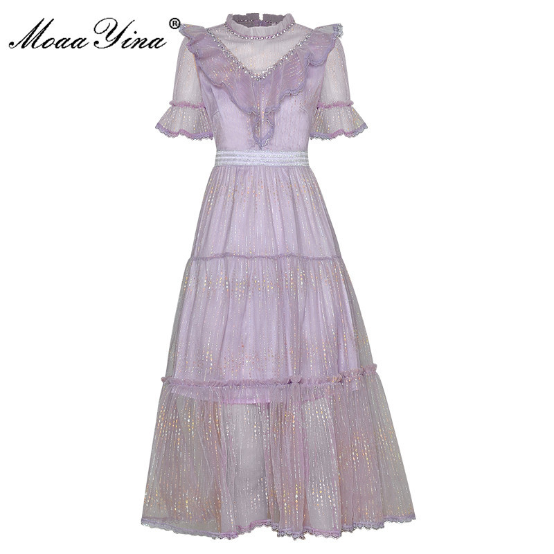 Fashion Designer dress Summer Women's Dress Crystal Stand Collar Ruffles Gold Line Stripe Mesh Dresses 210524, Gray
Fashion Designer dress Summer Women's Dress Crystal Stand Collar Ruffles Gold Line Stripe Mesh Dresses 210524, Gray