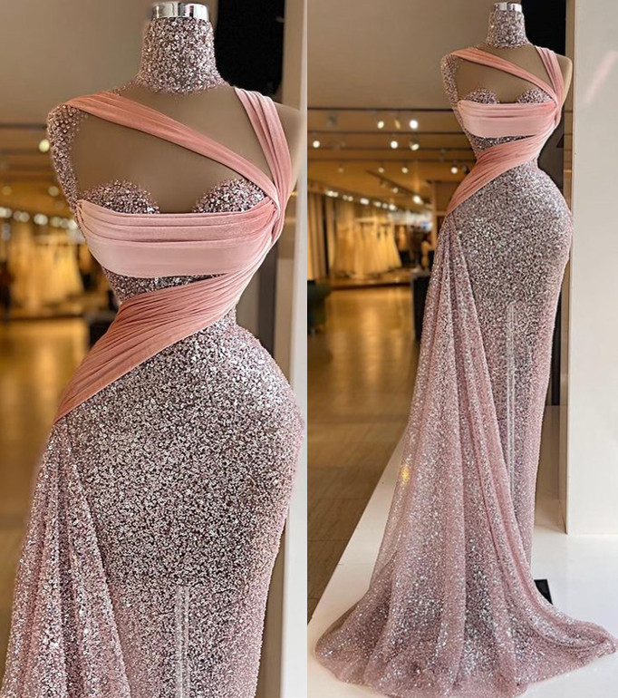 2022 Plus Size Arabic Aso Ebi Pink Stylish Sparkly Prom Dresses Beaded High Neck Sequined Evening Formal Party Second Reception Gowns Dress ZJ373