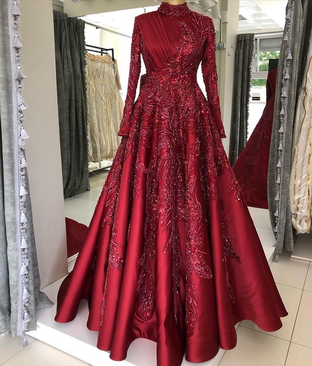 2022 Plus Size Arabic Aso Ebi Burgundy Luxurious Muslim Prom Dresses Lace Beaded Evening Formal Party Second Reception Gowns Dress ZJ164