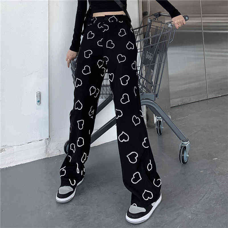 MINGLIUSILI Hip Hop Wide Leg Pant Vintage Korean Style Trousers Women Fashion Spring Harajuku Heart Print Pants 211124