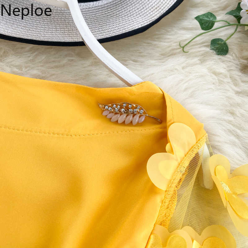Neploe Autumn Spring Slim Waist Lace Up Blouse O Neck Patchwork Mesh Flare Long Sleeve Appliques Blusas Elegant Shirt T200322