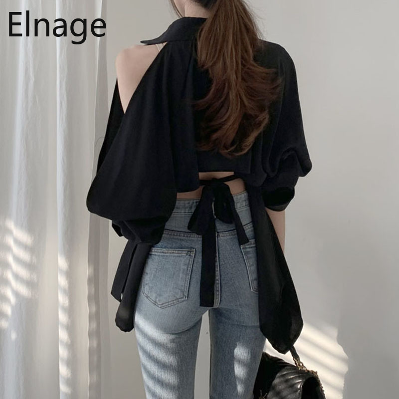 Korean Style Open Back Solid Long Sleeve Blouse OL Shirts Irregular Sexy Off Shoulder Lace Up Slim Vintage Blusas Mujer 5B205 210429