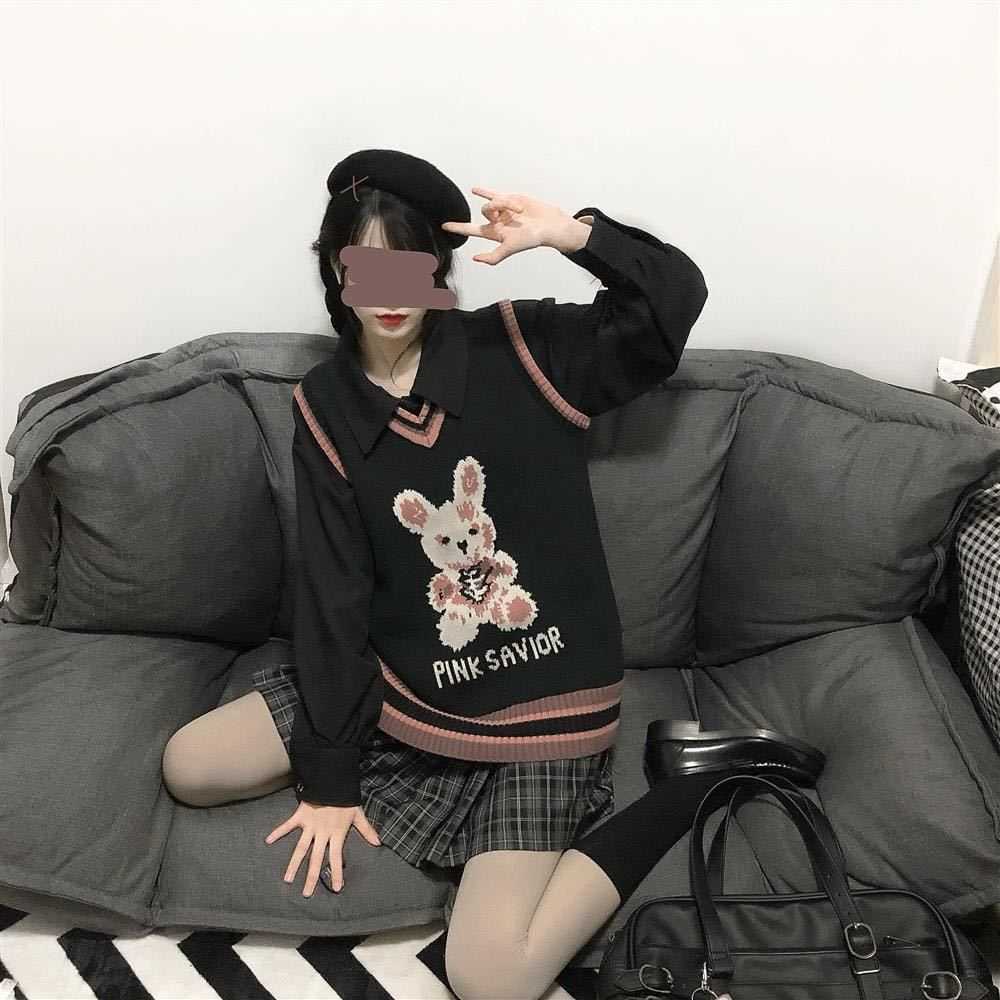 Autumn Winter Harajuku bunny Knitting Sleeve Sweater Casual Long Women Printed Loose Boyfriend Pullover Gothic punk 211011Z