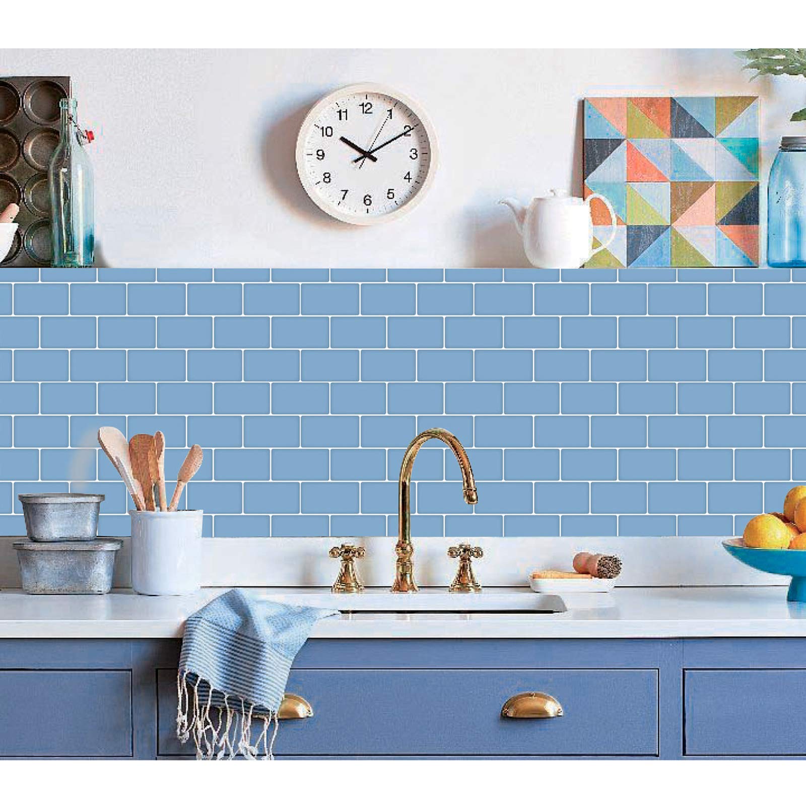 Art3d 30x30cm Peel and Stick Backsplash Tiles 3D Wall Stickers for Kitchen Bathroom Bedroom Laundry Rooms , Shiny Light Blue, Wallpapers(10-Sheet