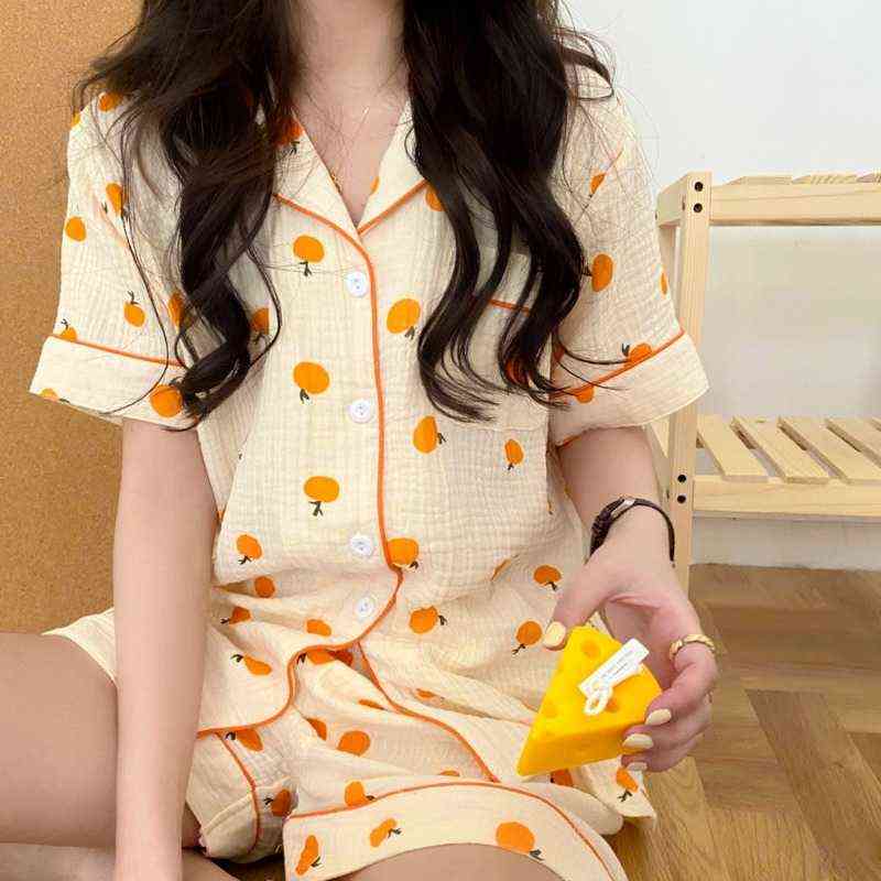 Cotton Home Suits Korean Sleepwear Orange Print Pajamas for Women Autumn Pijama Pyjamas Long Sleeve 2 Piece Set Pjs Drop 211118