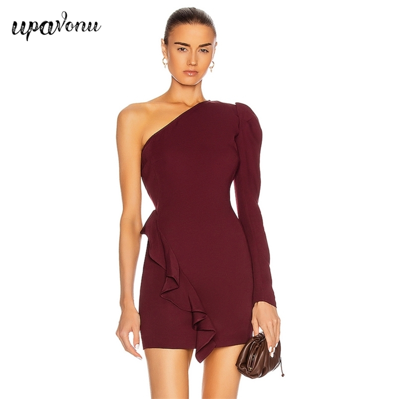 Free Women's Purple Bandage Dress Sexy One Shoulder Long Sleeve Ruffle Bodycon Mini Club Party Vestidos 210524