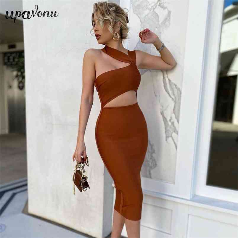 Free Women's Irregular Bandage Dress Sexy Sleeveless Hollow Bodycon Midi Brown Club Party Vestidos 210524