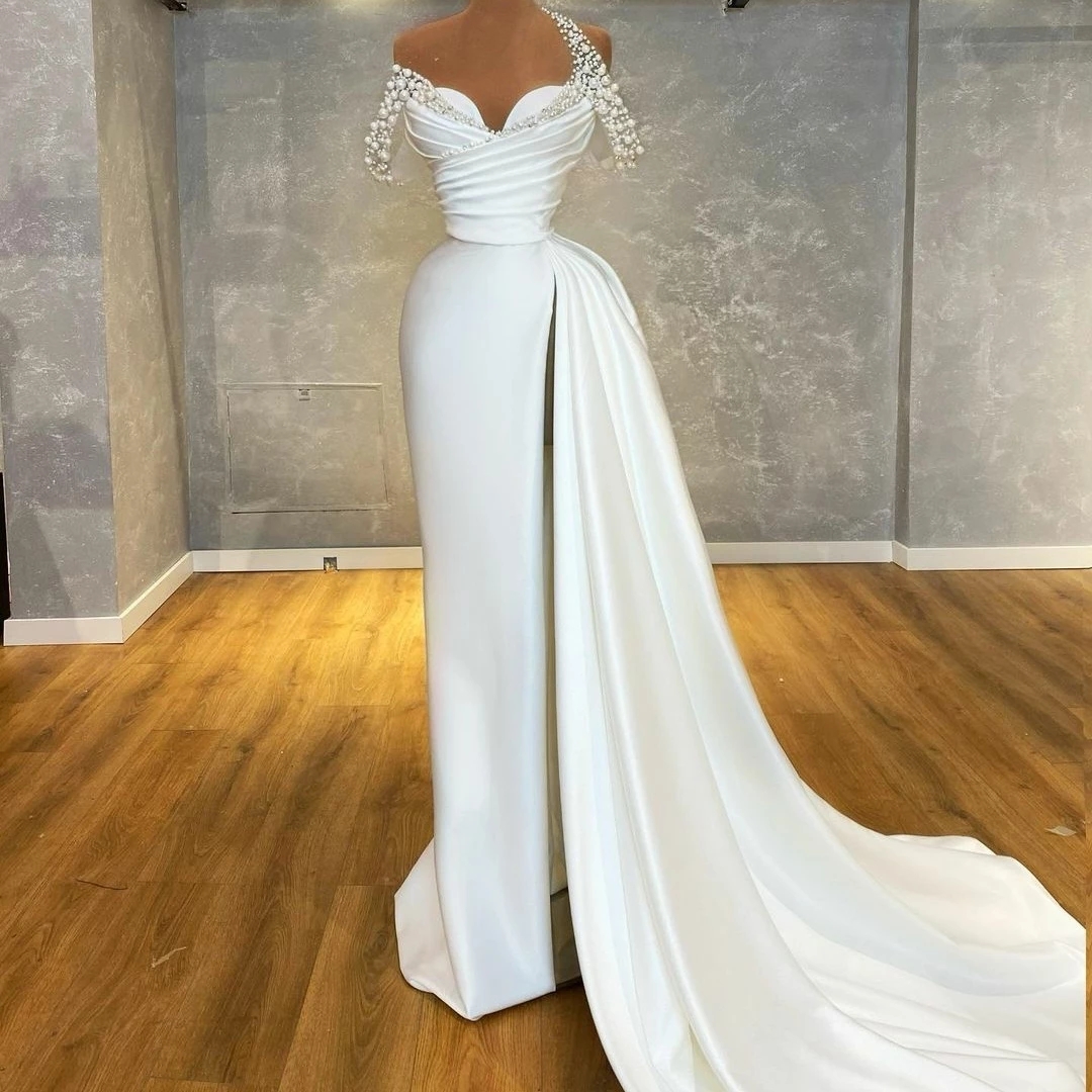 Off the Shoulder Pearls Beading Evening Dresses Ruched Side Split Satin Formal Prom Party Mermaid Gowns Elegant vestido de novia