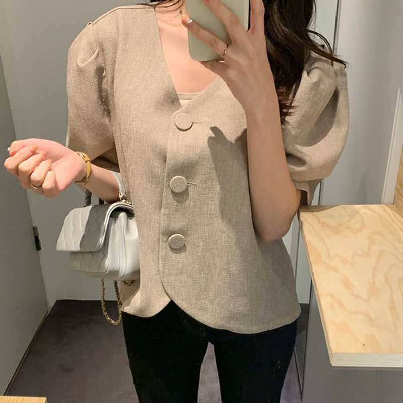 Korejpaa Women Shirt Summer Korean Chic Minimalist Temperament V-Neck Three Buttons Loose Solid Color Puff Sleeve Blouses 210526