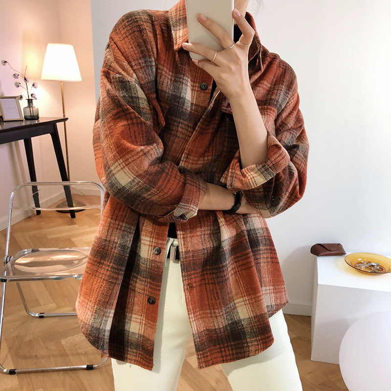 Female Spring Street Blouse Shirts Vintage Oversized Plaid Flannel Fashion Shirt for Women Casual Korean Tops 210519