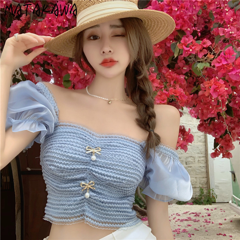 Crop Top Women Summer Sexy Blue Lace Bow Blouse Square Collar Shirt Women Short Sleeve Blusas Mujer De Moda Elegantes 210513