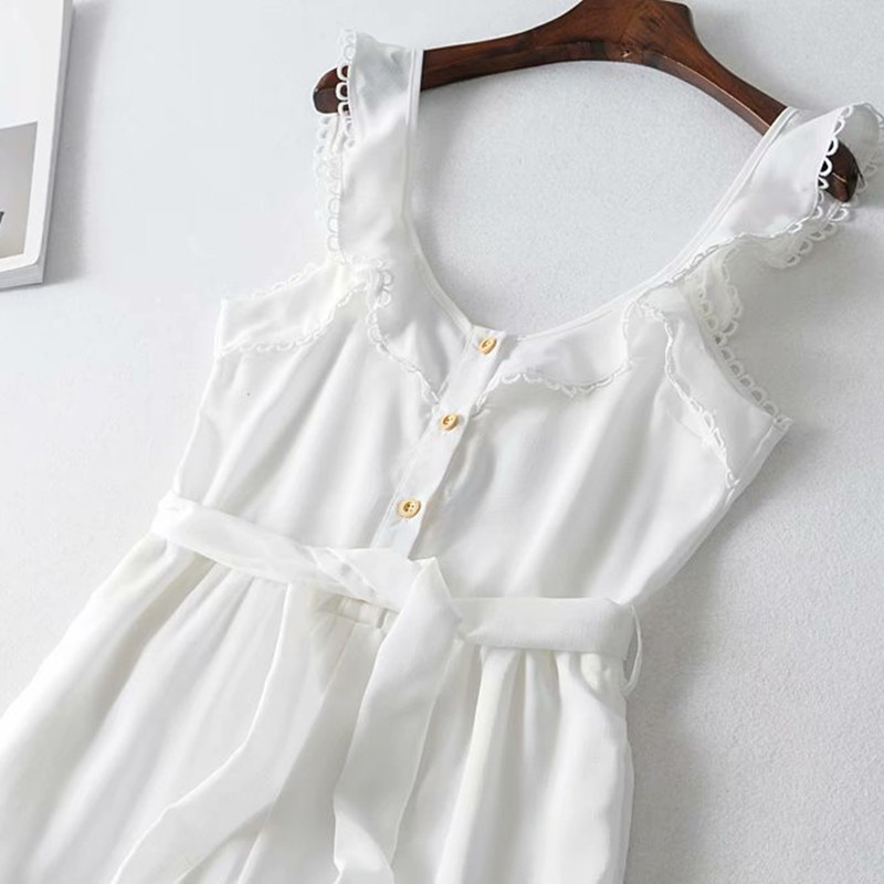 Sweet Women White V Neck Ruffles Jumpsuits Summer Fashion Ladies Sashes Rompers Female Beach Holiday 210515