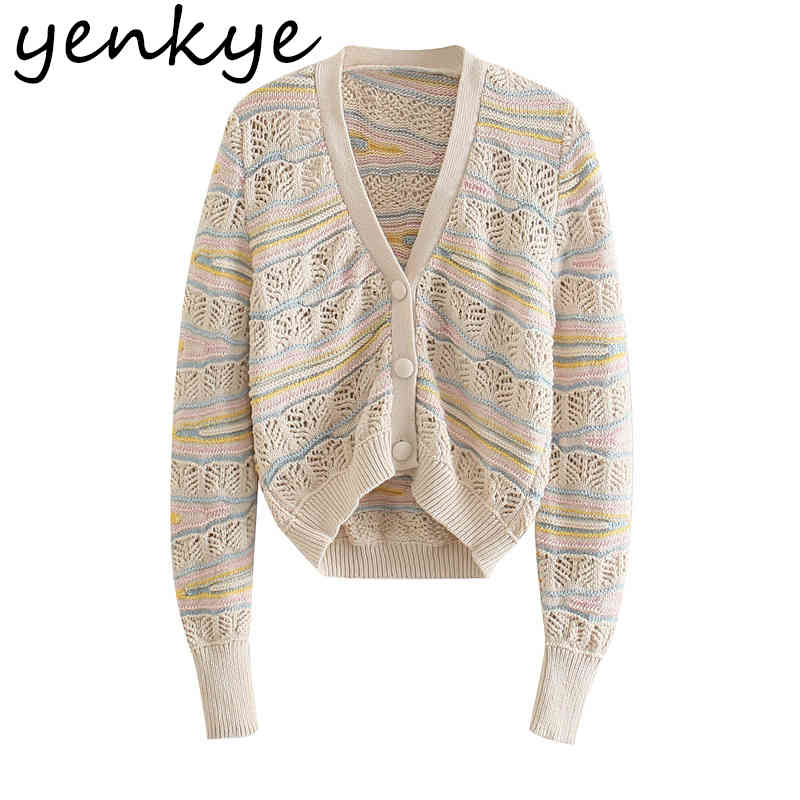 YENKYE Women Pointelle Knit Cardigan Sexy V Neck Long Sleeve Outerwear Fashion Hollow Out Sweater Plus Size Tops 210515
