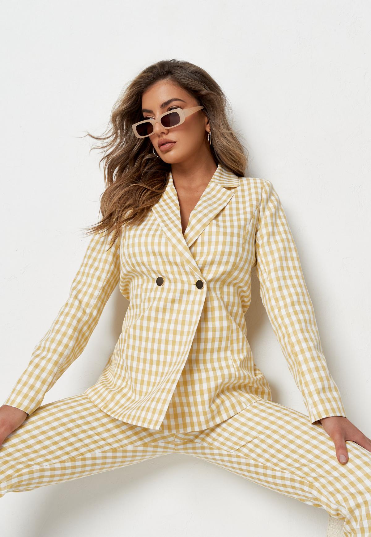 Summer Light Yellow Check Women Pants Suits Slim Fit Plaid Blazer Suit Ladies Prom Party Wedding Wear(Jacket+Pants)