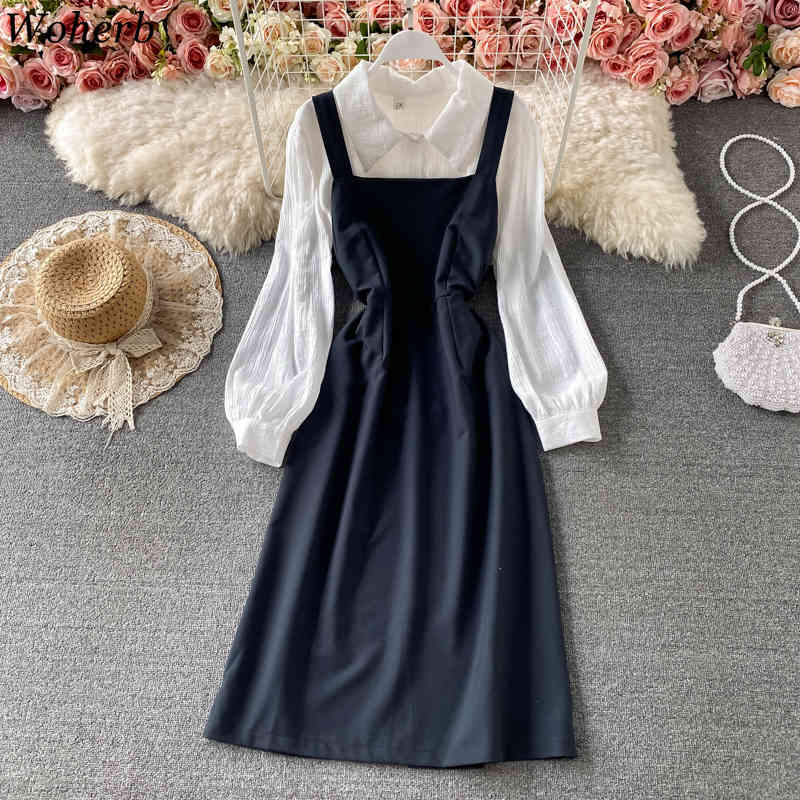 2 Piece Set Preppy Style Suit Sweet Square Collar Vest Dresses Vintage White Long Sleeve Shirt Top Two-piece Sets Women 210519