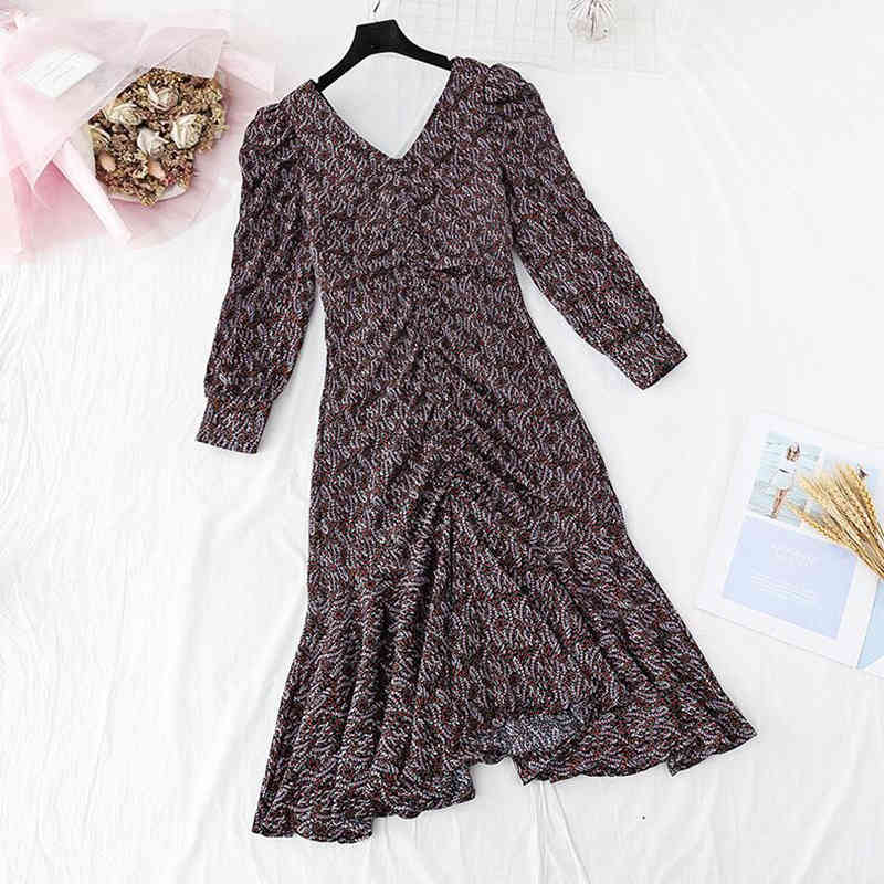 Spring Vintage Floral Chiffon Midi Dress Sexy V-neck Lotus Leaf Fish Tail Dresses Elegant Women Party Long Sleeve Dress 210521