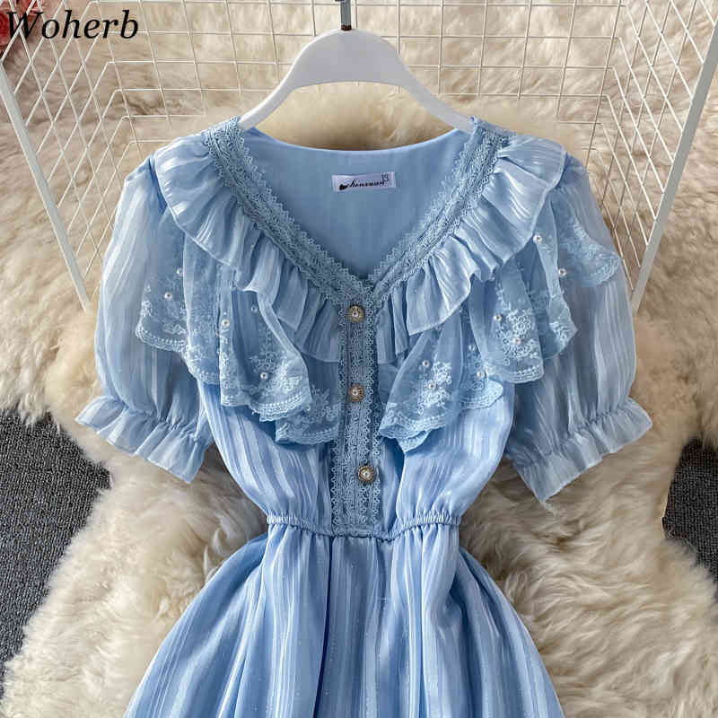 Lace Beading Midi Dress Women Vintage V Neck Short Sleeve High Waist A-Line Vestidos Summer Robe Sweet Dresses 210519