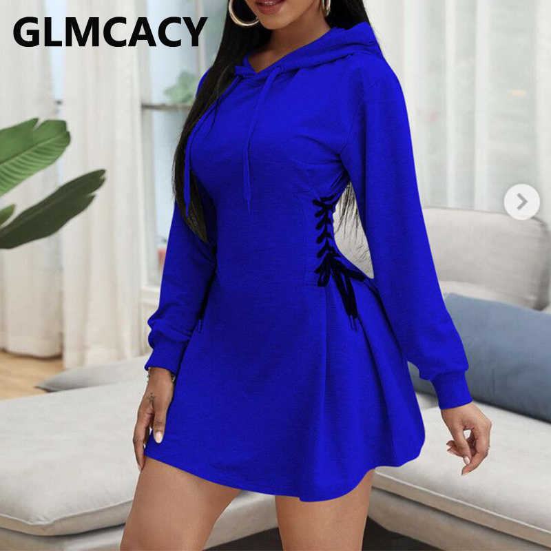 Women Casual Solid Hooded Dress Lace Up Waist Side Corset Dress 210702