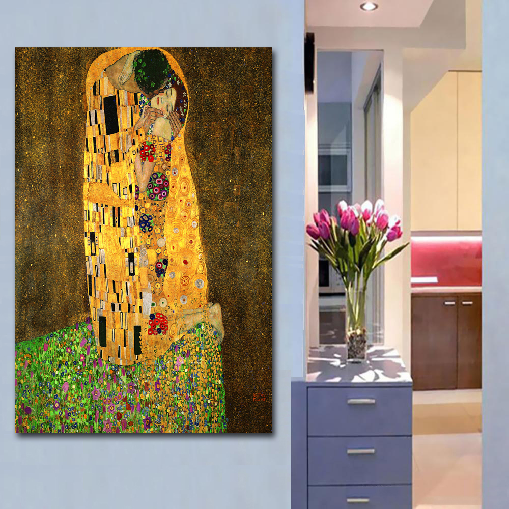 Classic Artist Gustav Klimt kiss Abstract Art Collection Canvas Print Painting Poster, Wall Pictures For Living Room