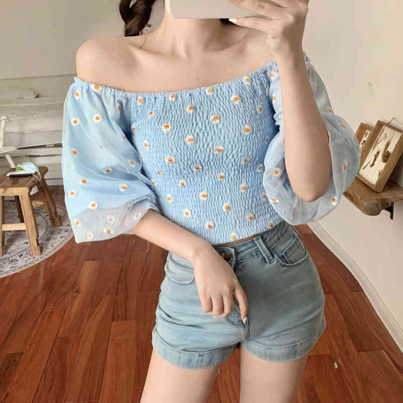 Summer Tops and Blouse Daisy Sexy Off Shoulder Lantern Sleeve Chiffon Women White Black Chemisier Femme 9933 210427