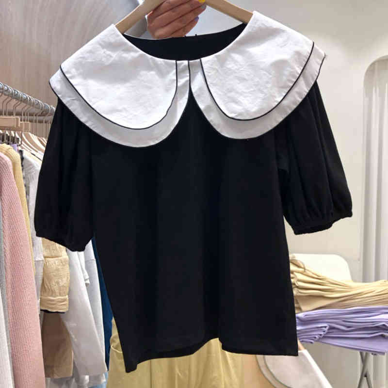 Nomikuma Contrast Color Double Peter Pan Collar Doll Shirt Causal Puff Sleeve Korean Women Tops Summer Sweet Blouse 6H022 210427