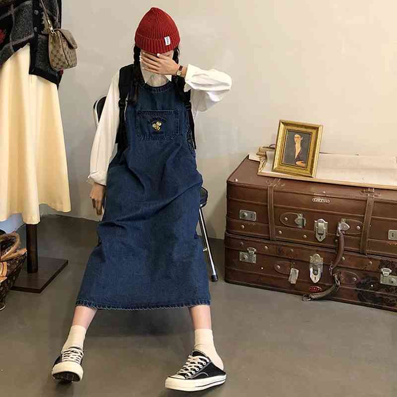 korean style autumn women loose straps denim dess female vintage embroidery long jeans tank dress womens (72808 210423