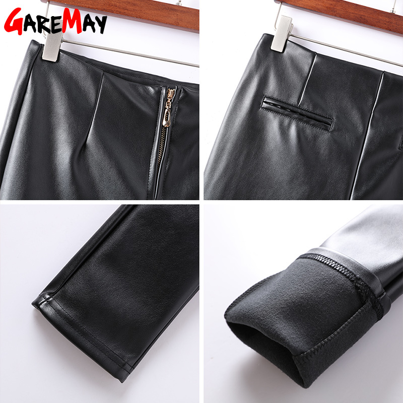 Winter Red Pu Leather Pants Womens Stretch High Waist Velvet Black Skinny White Faux Trousers 210428