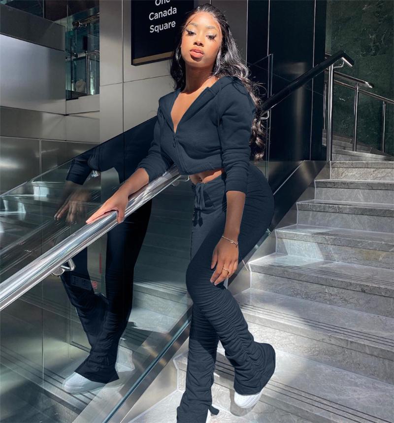 Solid Hooded Two Piece Set Women 2021 Autumn Long Sleeve Zipper Top And Stacked Pants Sporty Streetwear Casual Matching Sets Women's Tracksu