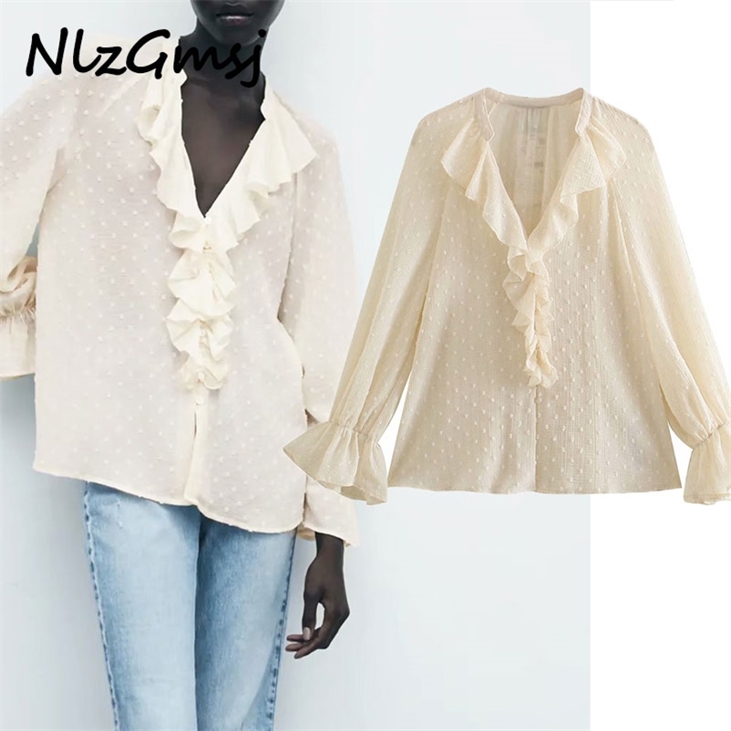 Blouse Women's Dot Flocking Beige Single Breasted Cascading V-neck Sweet Shirt Female Spring Elegant Tops 210628, As picture
Blouse Women's Dot Flocking Beige Single Breasted Cascading V-neck Sweet Shirt Female Spring Elegant Tops 210628, As picture