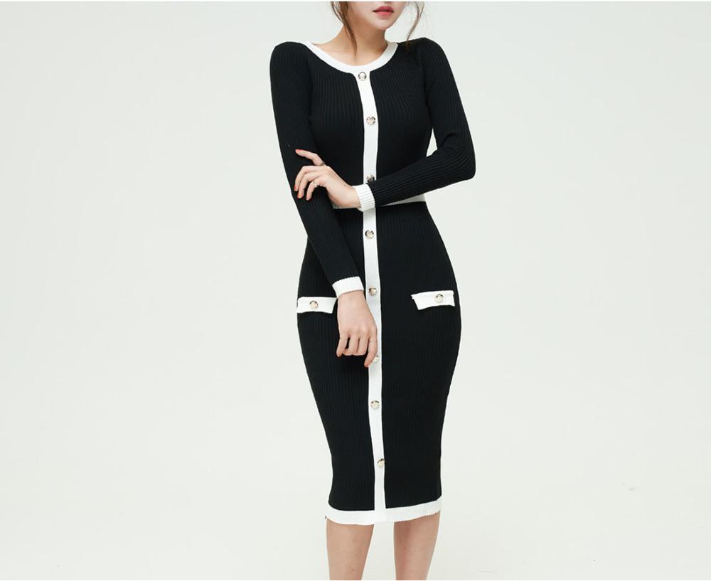 Women fashion Hit color single-breasted Buttons Knit Midi Dress Vestidos Autumn Winter Long Sleeve Knitted sweater sheath Dresse 210518