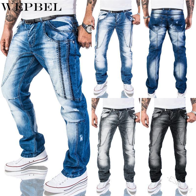 Solid Color Jeans Men's Casual Patchwork Pocket Denim Spring Low Waist Zipper Button Pleated Straight Pants