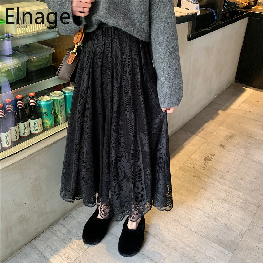 Spring Lace Mesh A Line Korean Style Solid Black Mid-length Skirt for Women White Small Net 5A048 210429