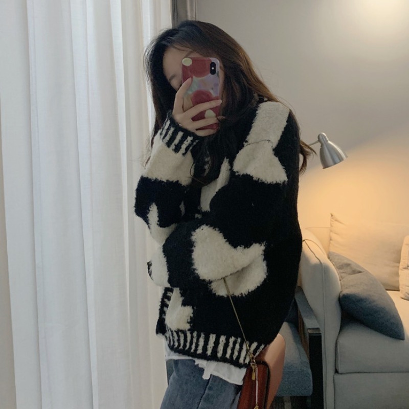 Vintage Knitted Cardigan Coat Winter Clothes Women Black White Cow Print Sweaters Korean Chic Thicked Warm Sueter Female 210422